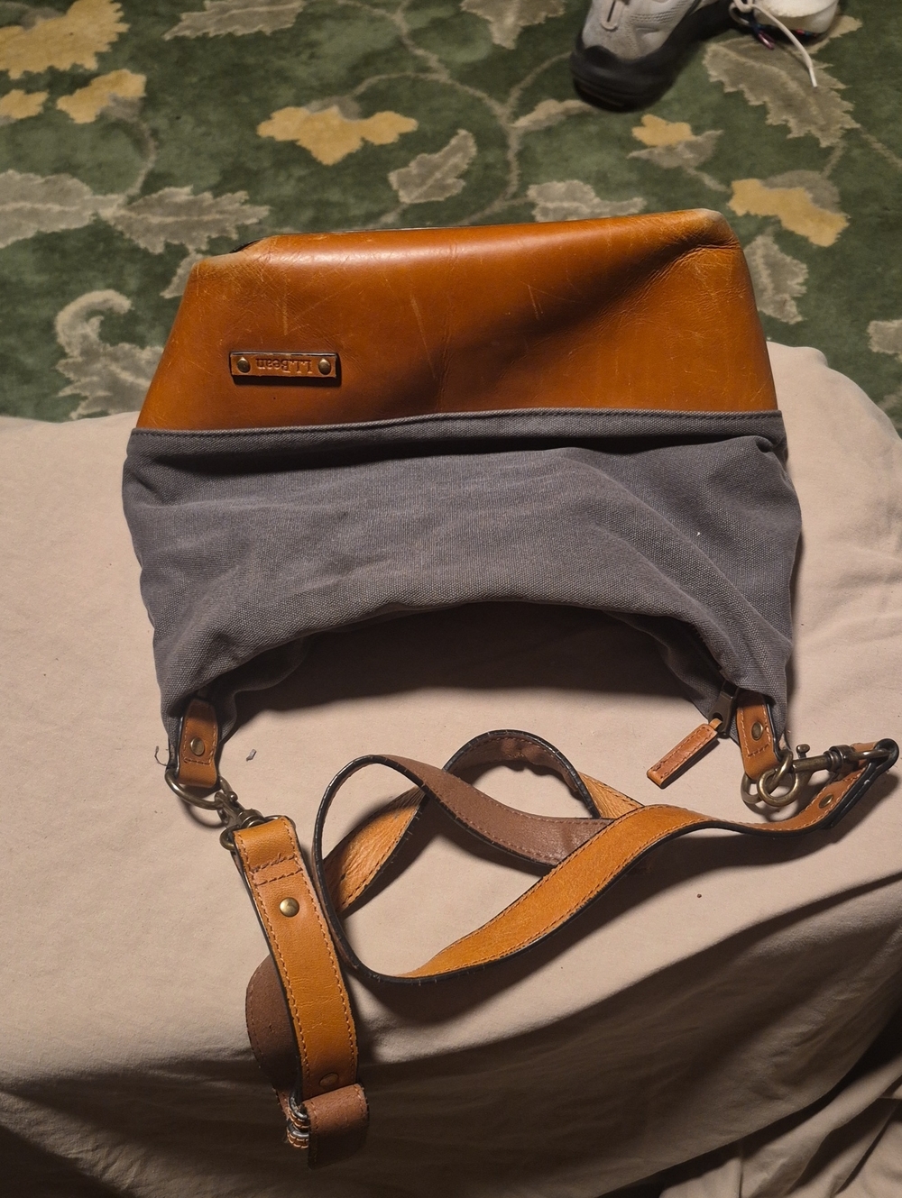 L.L. Bean Brown Leather and Gray Canvas Duffel Bag